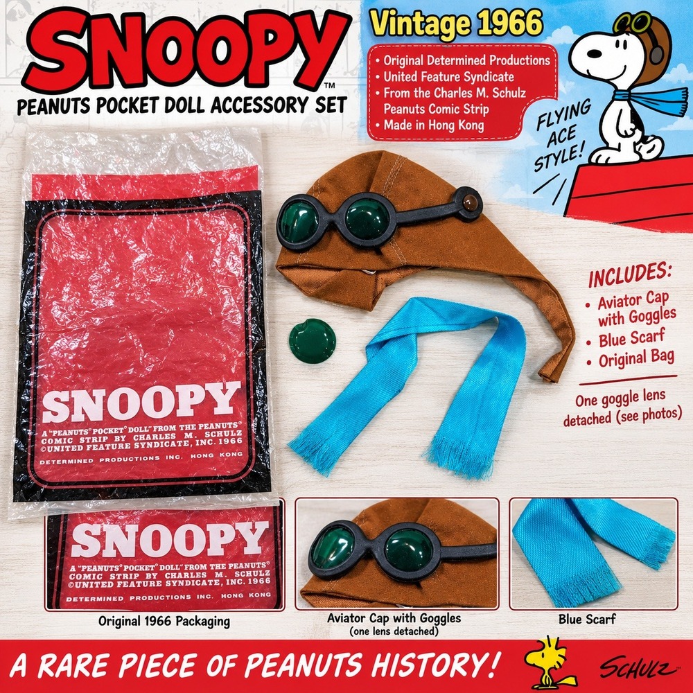 Vintage 1966 Snoopy Peanuts Pocket Doll Flying Ace Accessory Set Goggles Scarf